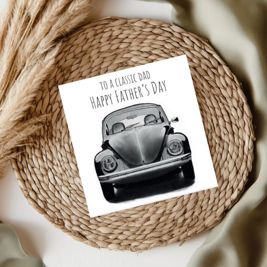 Classic Beetle Dad Father’s Day Card – A charming hand-drawn illustration of a classic beetle car with a 'Happy Father’s Day' message