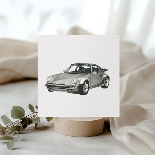 Hand-drawn classic German sports car greeting card, featuring the Porsche Edition for car enthusiasts.