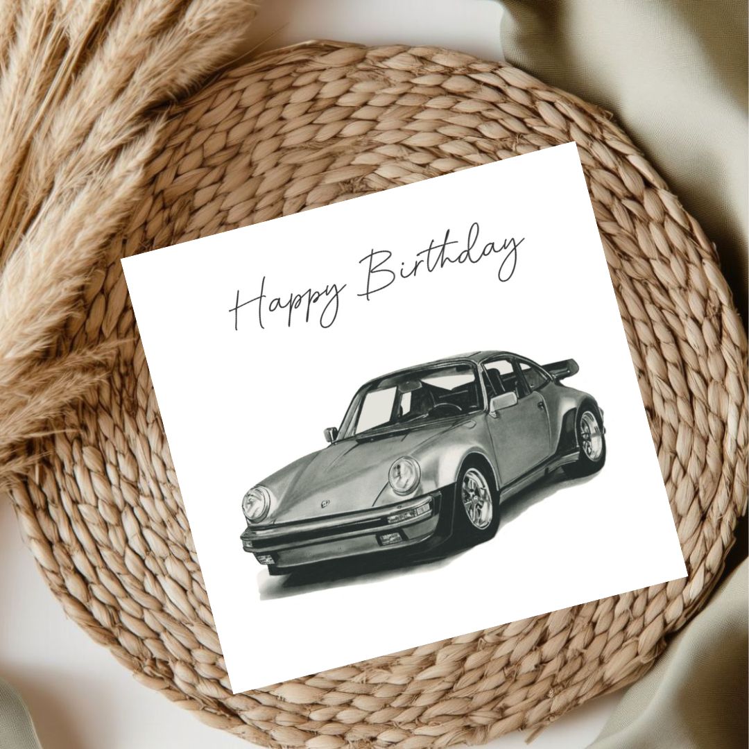 Classic German sports car birthday card featuring a hand-drawn Porsche, perfect gift for car enthusiasts, classic car lovers, and Porsche fans.