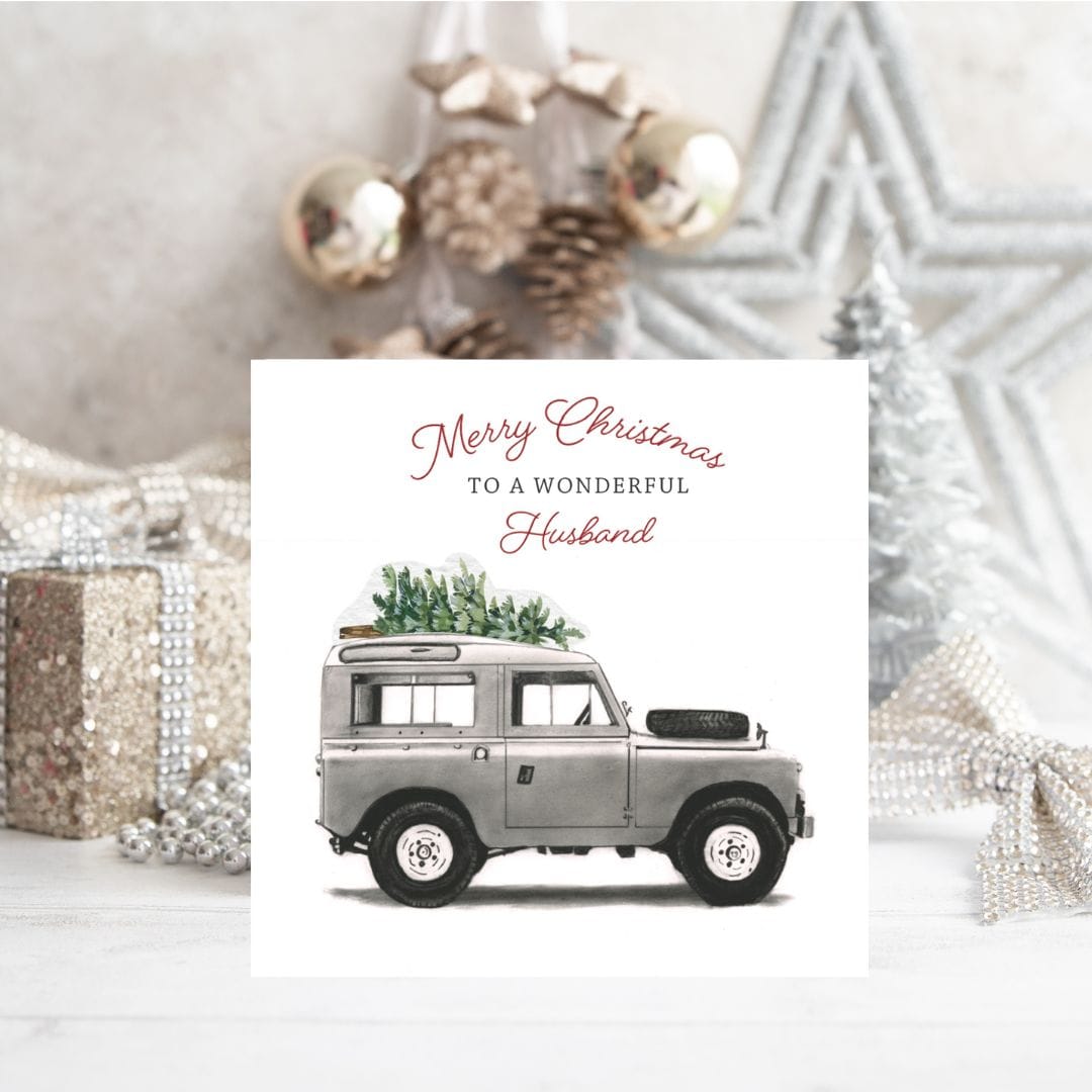 This unique Christmas card showcases a classic Land Rover, hand-drawn by Libra Fine Arts. A heartfelt way to say ‘Merry Christmas’ to your wonderful husband, with a touch of nostalgia.