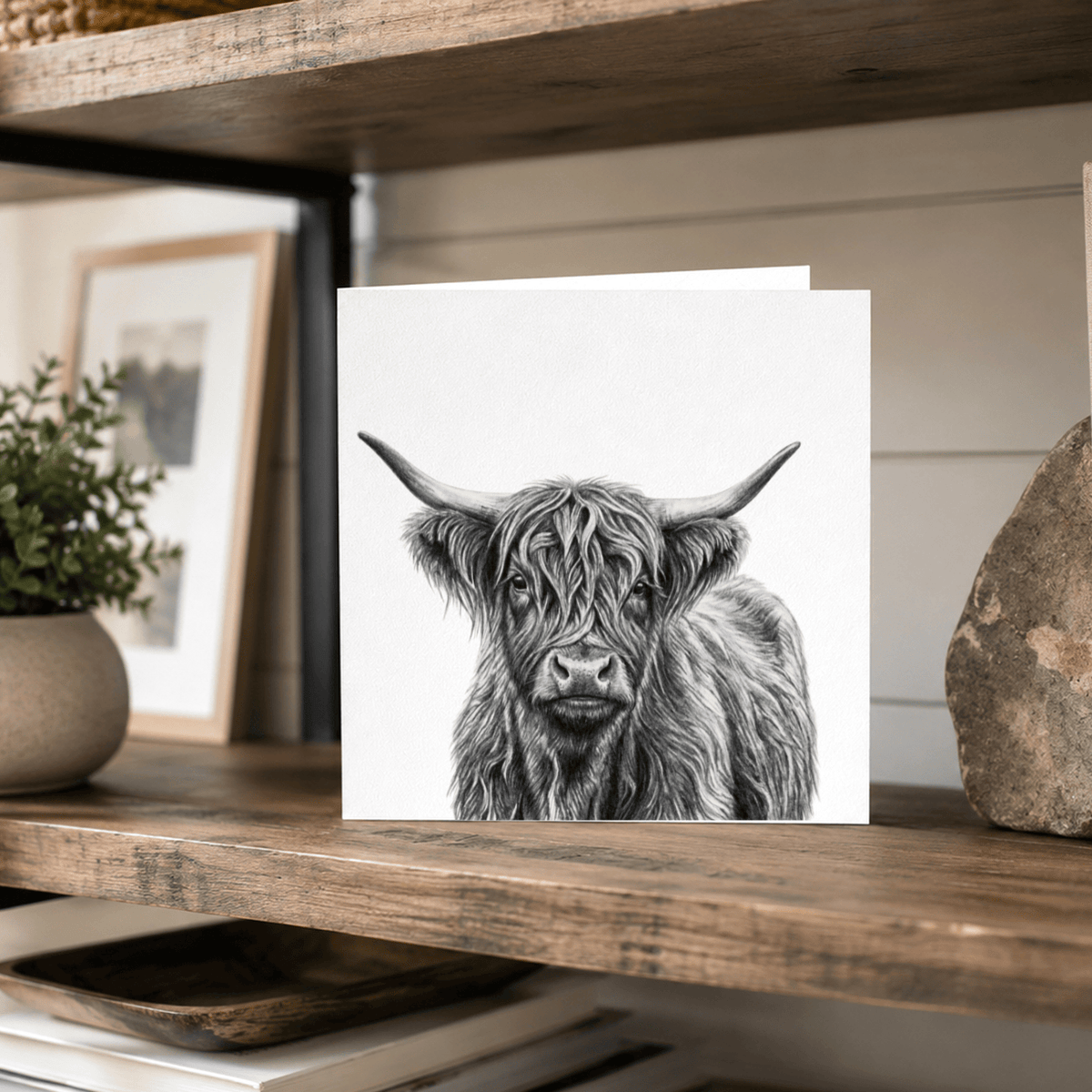 A square art print featuring a detailed black and white pencil sketch of a Highland cow, displayed on a rustic wooden shelf in a home setting.