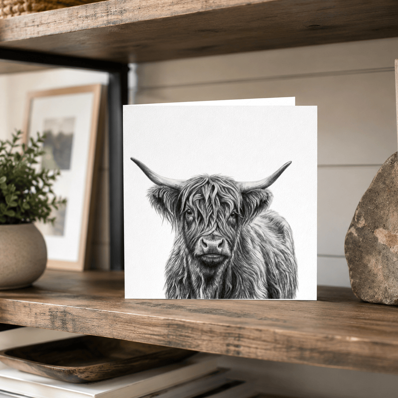 A square art print featuring a detailed black and white pencil sketch of a Highland cow, displayed on a rustic wooden shelf in a home setting.