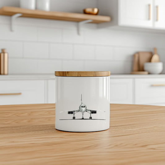 Concorde bone china storage jar – ideal for storing tea, coffee, sugar or biscuits – featuring a hand-drawn Concorde illustration, proudly made in the UK."