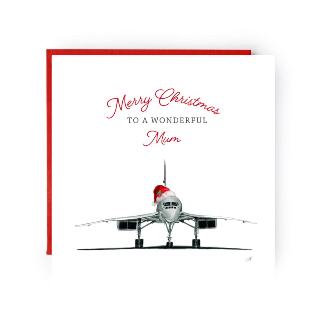 Send festive wishes to Mum with this elegant Concorde Christmas card, featuring a stunning hand-drawn illustration perfect for aviation fans.