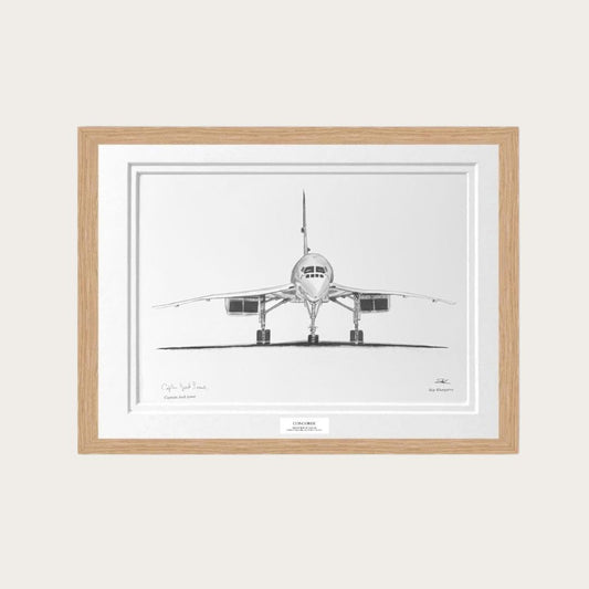 Own a piece of aviation history with this exclusive Concorde Limited Edition Signed Framed Print. Beautifully displayed in an oak frame, this hand-drawn artwork is a must-have for aviation collectors and Concorde enthusiasts.