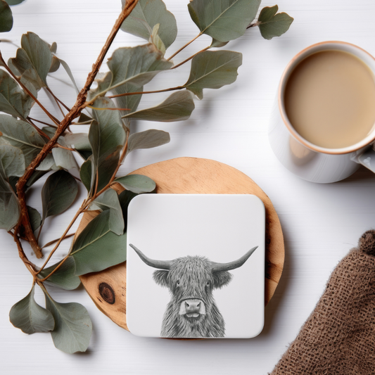 Hand-drawn coaster featuring Corvus the Highland cow, a charming countryside design.

