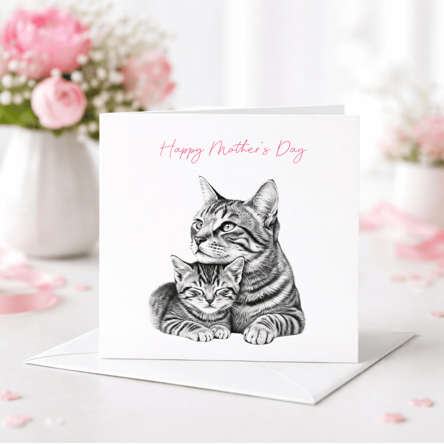 Cute cuddle cats Mother’s Day card featuring snuggled kittens illustration