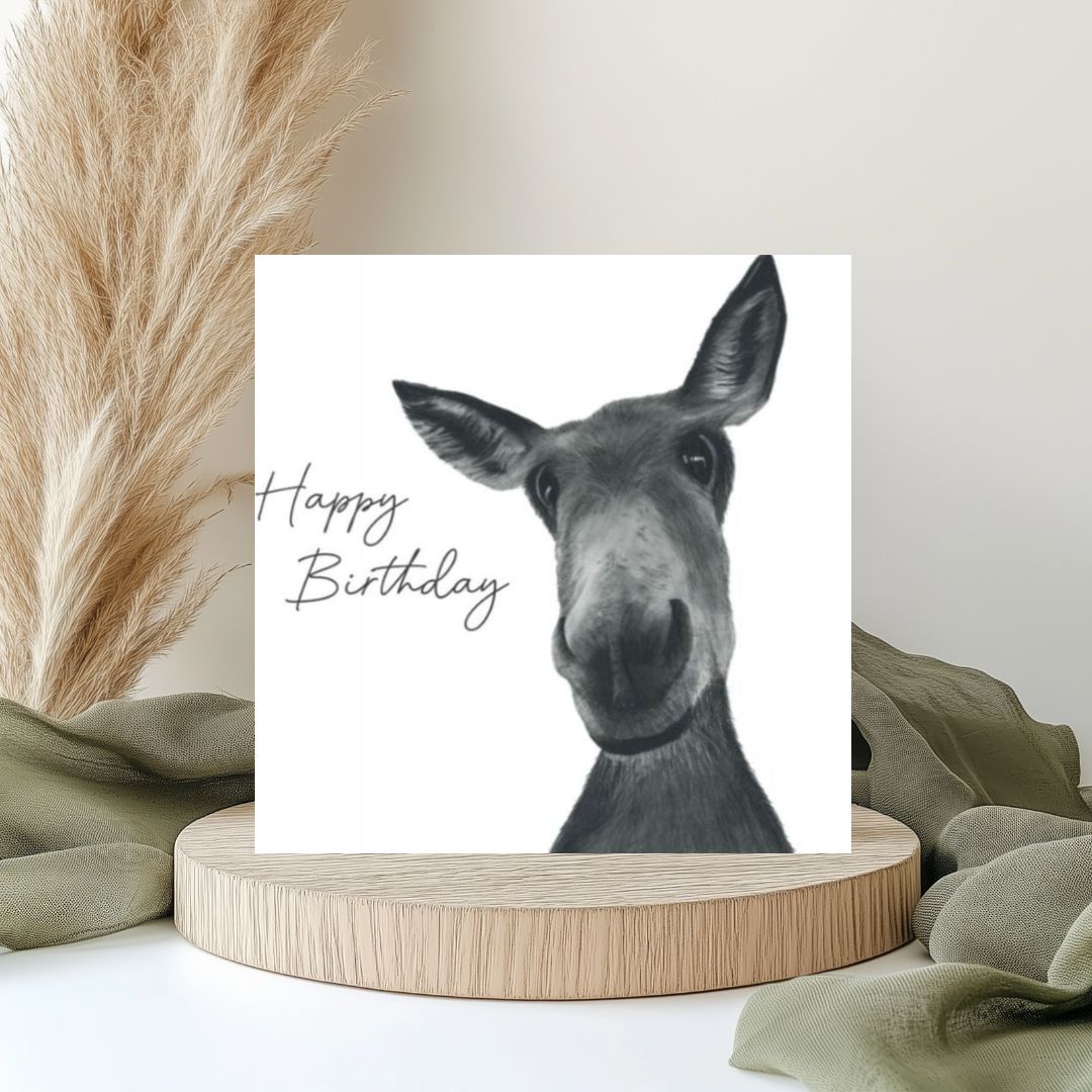 Donkey Birthday Card Hand-Drawn by Libra Fine Arts – A delightful, hand-drawn design featuring a cute donkey, perfect for sending warm and cheerful birthday wishes to someone special