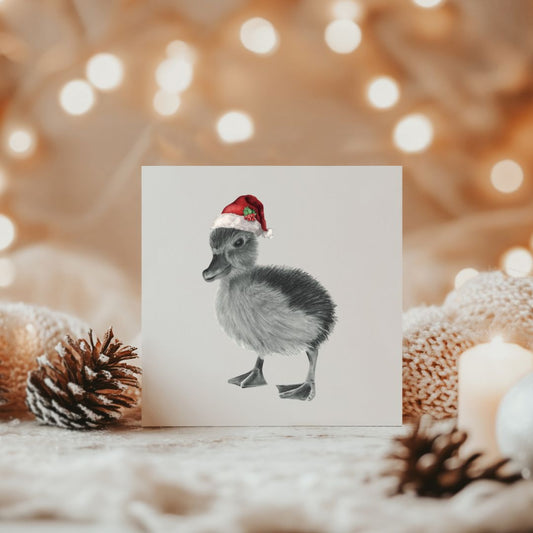 Adorable festive card featuring a hand-drawn duckling wearing a Santa hat.