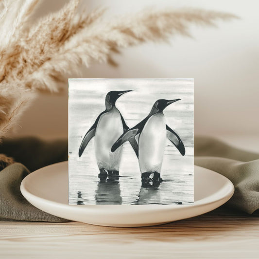 Charming hand-illustrated greeting card featuring a pair of penguins, perfect for sending warm holiday wishes or celebrating special occasions.

