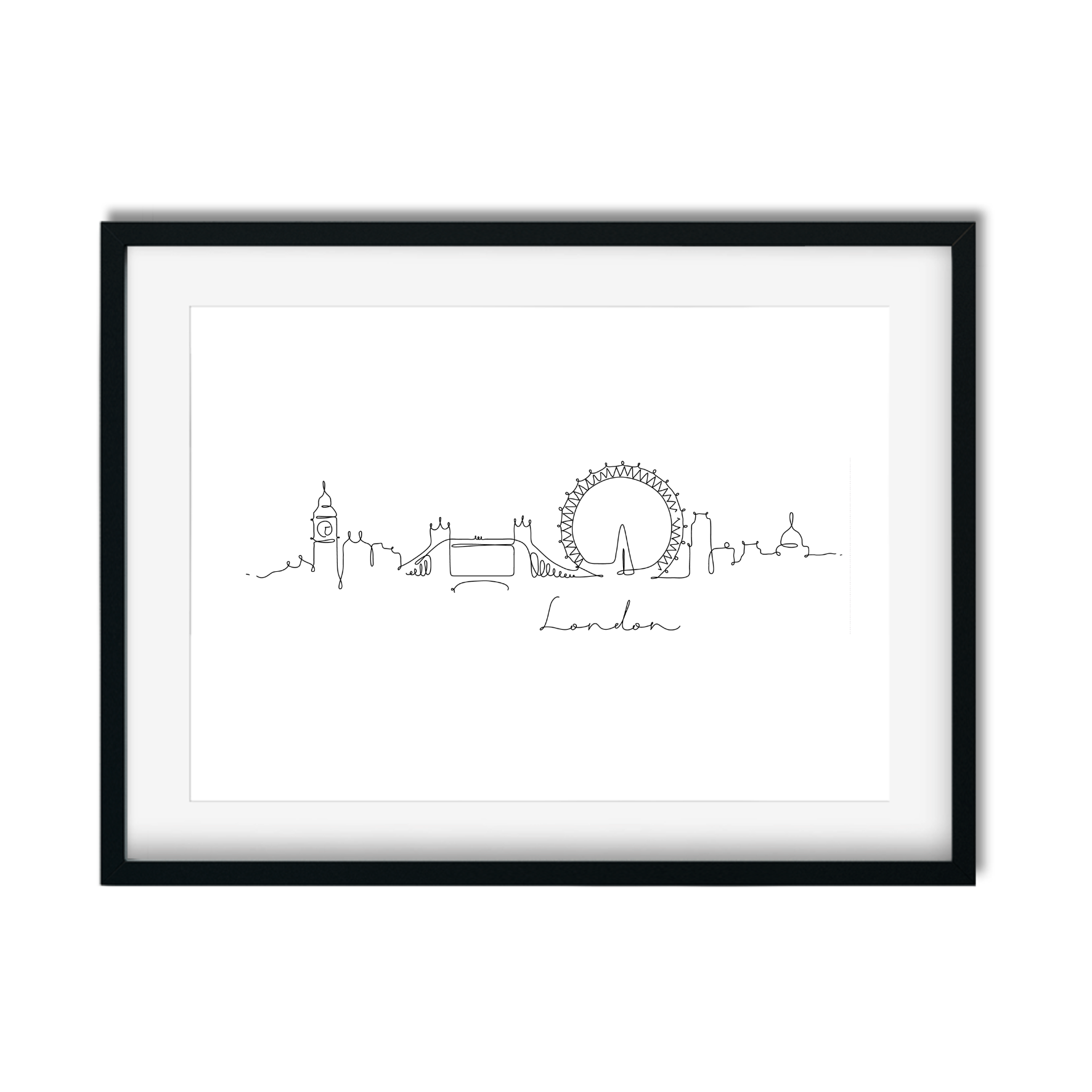 Elegant A4 unframed hand-drawn London skyline artwork in simple continuous lines, perfect wall art for city lovers.