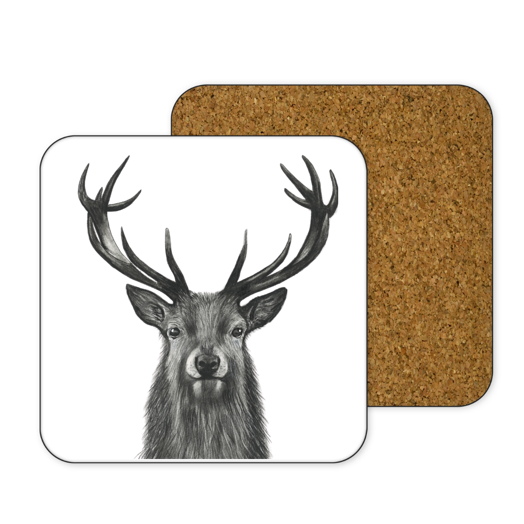 Wildlife-themed drinks coaster featuring a detailed stag drawing, ideal for rustic home decor.