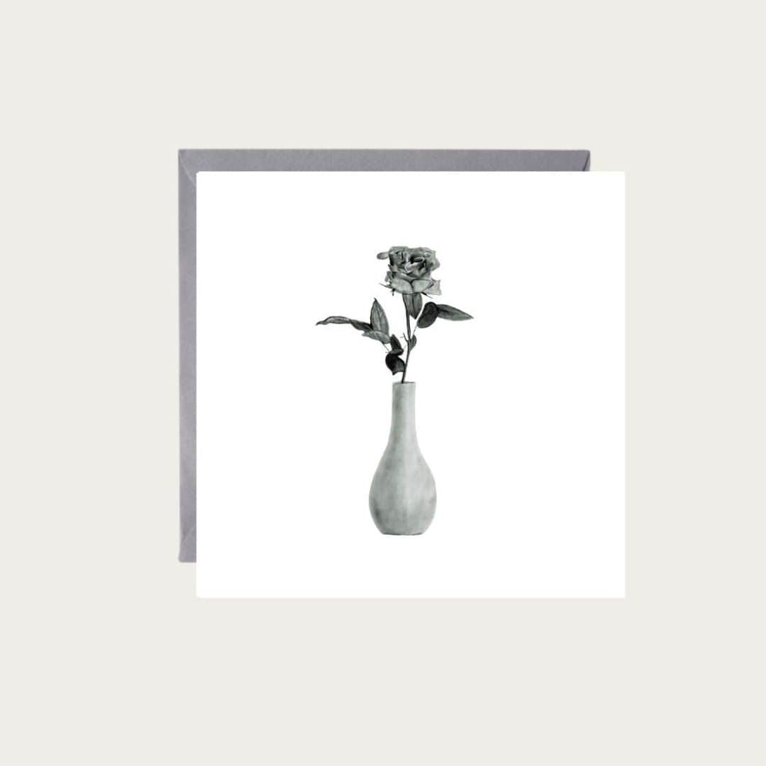 Elegant hand-drawn greeting card featuring a rose in a vase, ideal for birthdays, anniversaries, and expressing love, gratitude, or sympathy