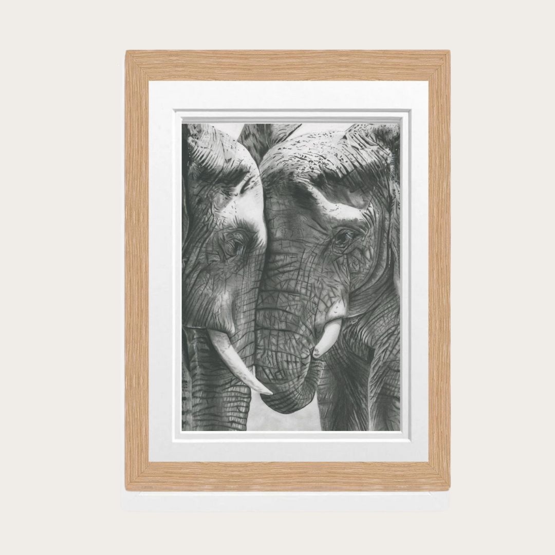 A beautifully detailed hand-drawn fine art print featuring two elephants nuzzling, framed in oak, perfect for adding a touch of nature-inspired elegance to your home decor.

