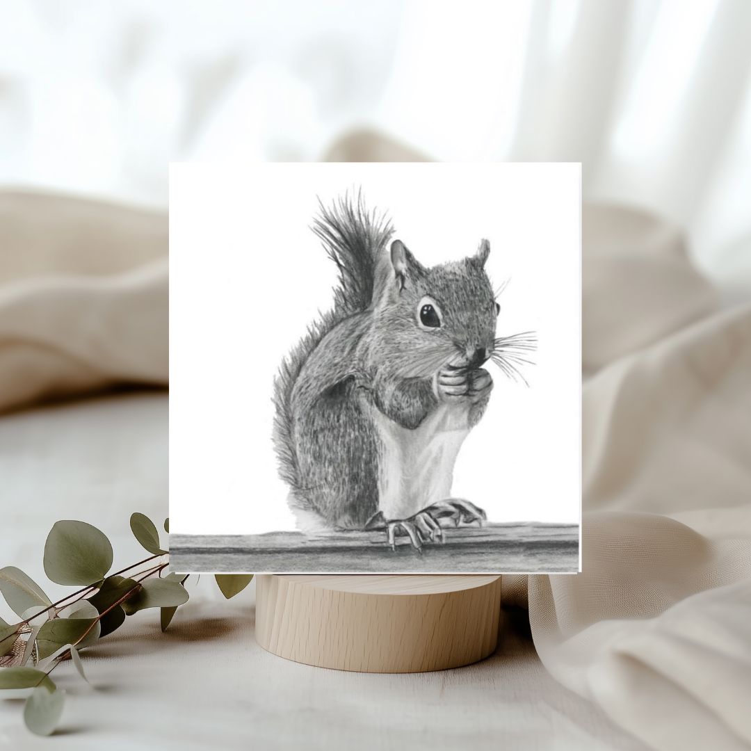 A beautifully hand-illustrated greeting card featuring Estelle the squirrel, intricately drawn in charcoal and graphite, perfect for sending heartfelt messages to nature enthusiasts and art lovers.