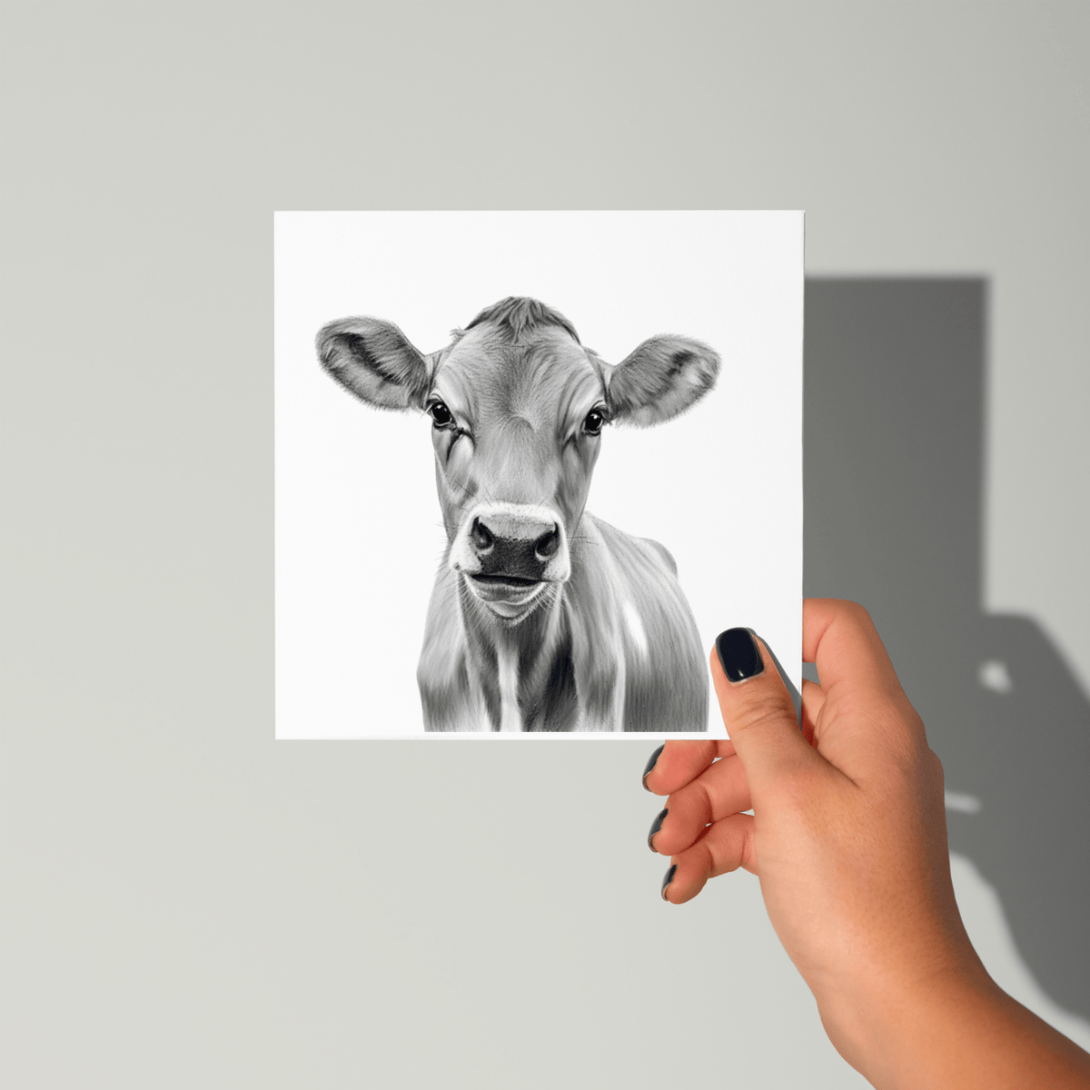 A hand with dark blue nail polish holds a square white art print featuring a black and white portrait of a cow, set against a light gray background with a soft shadow.