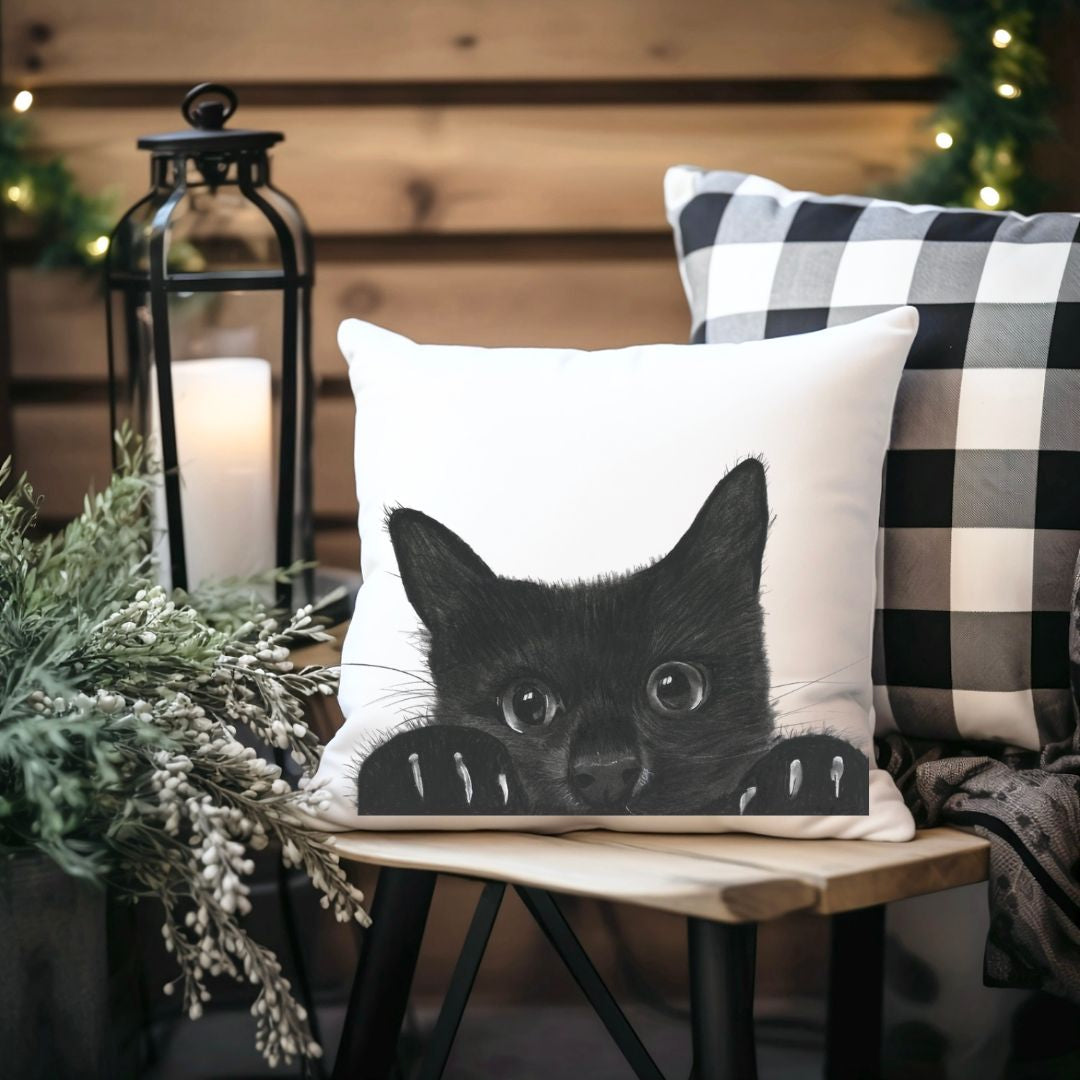 Discover our faux suede peeking cat cushion, featuring a hand-drawn cat illustration. A soft, playful home décor gift for cat lovers and pet owners.