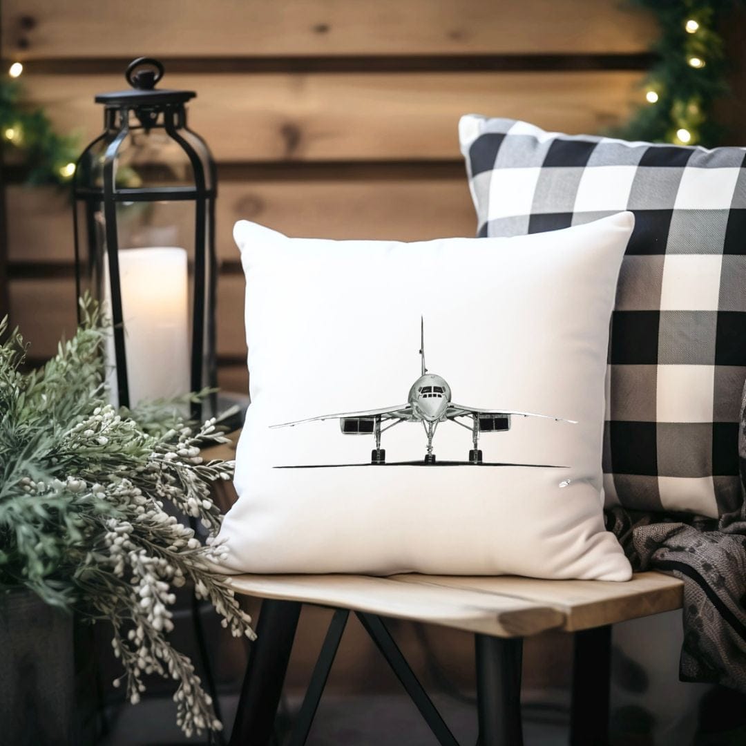 A soft faux suede cushion featuring a detailed hand-drawn illustration of the iconic Concorde aircraft, perfect for aviation lovers and stylish home décor.