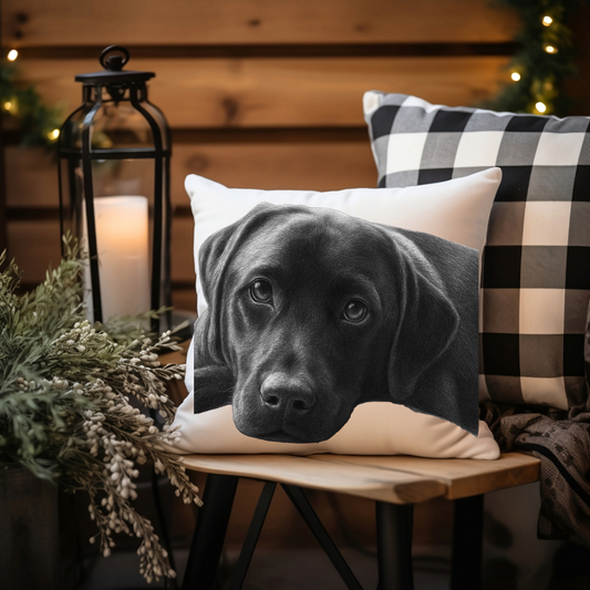A soft faux suede cushion showcasing a detailed hand-drawn Labrador, ideal for dog lovers and pet-inspired home décor.