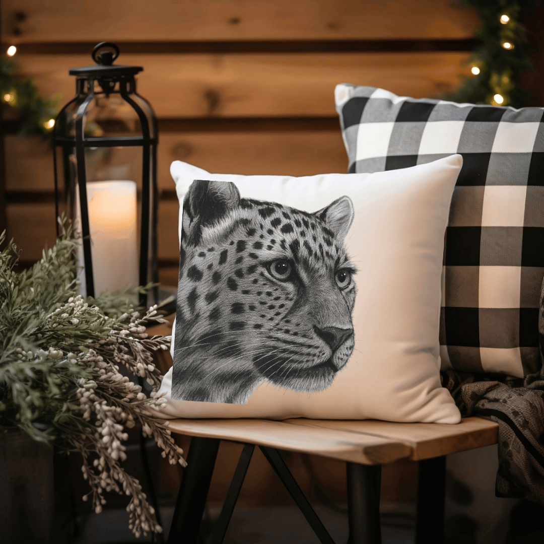 Faux Suede Leopard Cushion – Hand-Drawn Wildlife Home Décor Gift