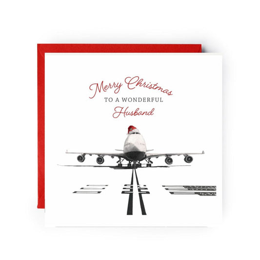 A stunning hand-illustrated festive 747 aircraft Christmas card for your wonderful husband, created by Libra Fine Arts."