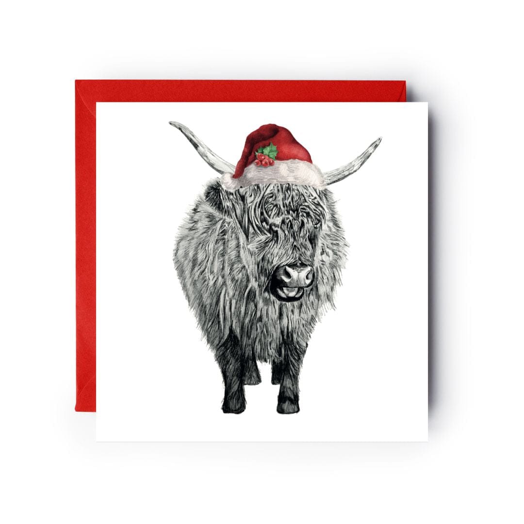 Celebrate the holidays with this charming Baby Highland Cow Christmas Card. Featuring a festive baby Highland Cow in a Christmas hat, this card is ideal for sending warm holiday wishes to loved ones or those who appreciate unique, hand-drawn designs.