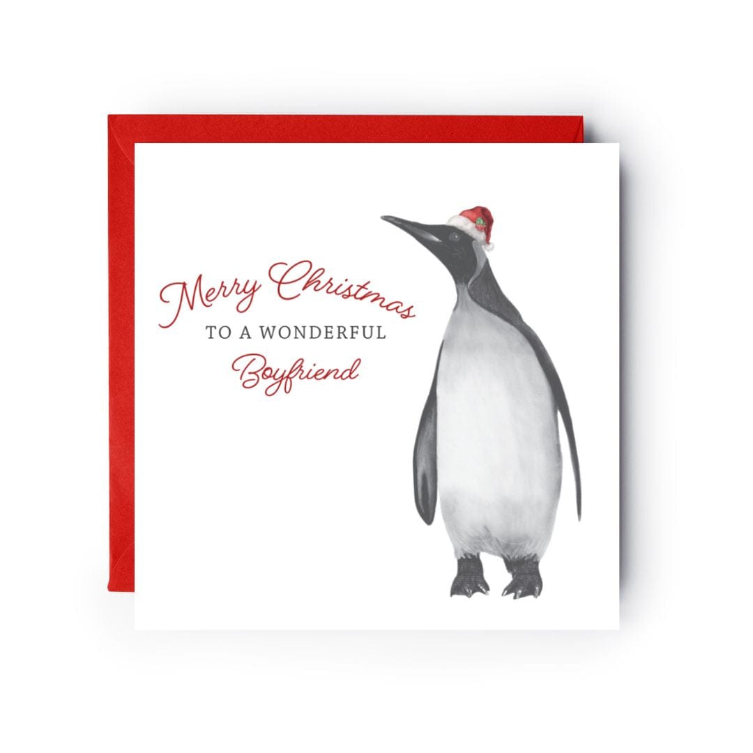 Celebrate your wonderful boyfriend this Christmas with a festive penguin card, beautifully hand-illustrated by Libra Fine Arts