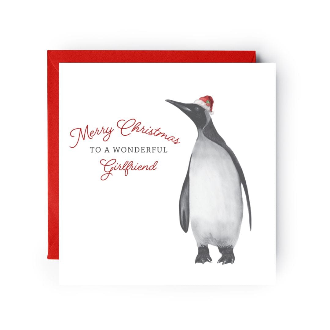 Celebrate your wonderful girlfriend this Christmas with a festive penguin card, beautifully hand-illustrated by Libra Fine Arts