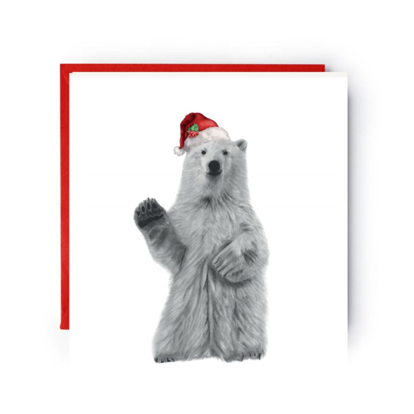 Celebrate the holidays with a cute polar bear in a red hat on this festive Christmas card