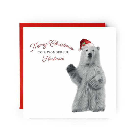 A heartwarming festive polar bear Christmas card for your husband, hand-illustrated with love by Libra Fine Arts.