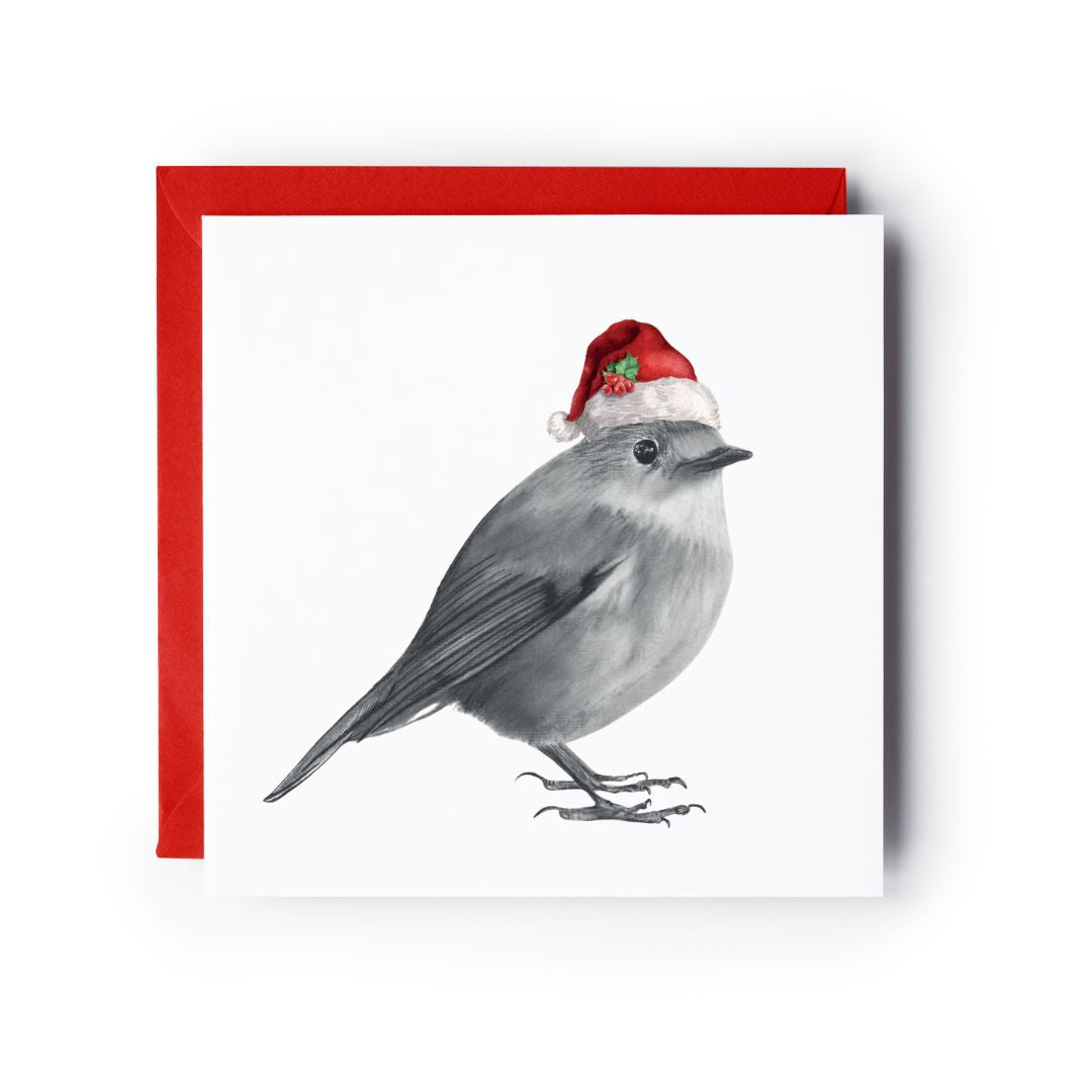 A delightful hand-drawn Christmas card featuring a robin in a Santa hat, designed to bring joy and festive spirit to your loved ones.