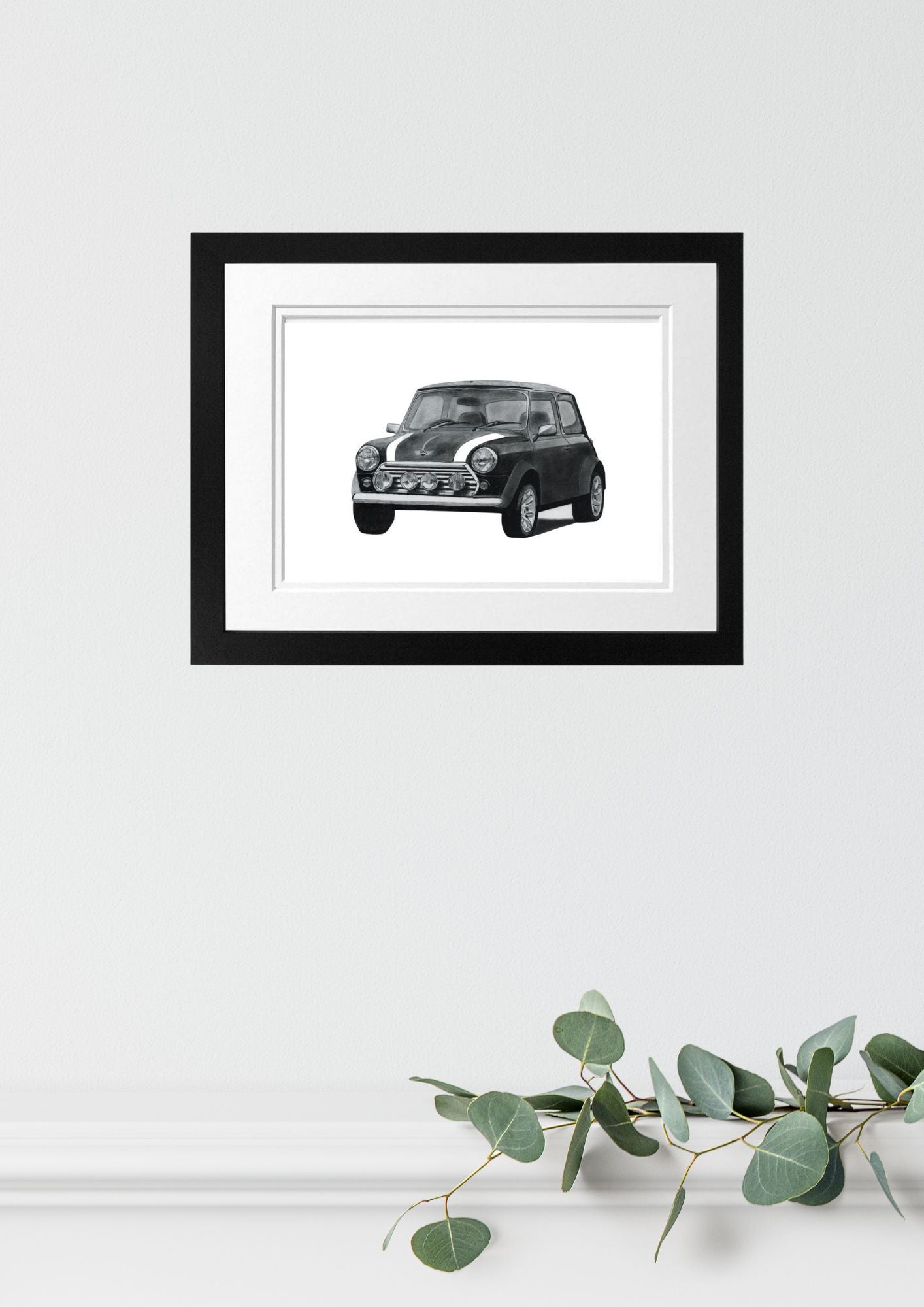Fine_Arts_Hand_Drawn_Classic_Mini_Car_Drawing in black_Frame. Perfect gifts for classic mini car enthusiasts and mini car collectors