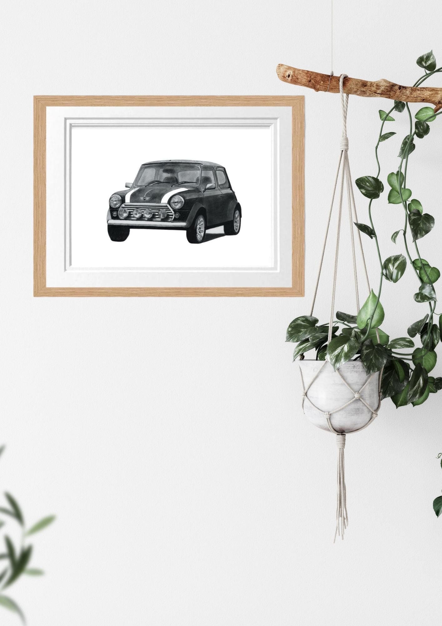 Fine_Arts_Hand_Drawn_Classic_Mini_Car_Drawing in oak_Frame. Perfect gifts for classic mini car enthusiasts and mini car collectors