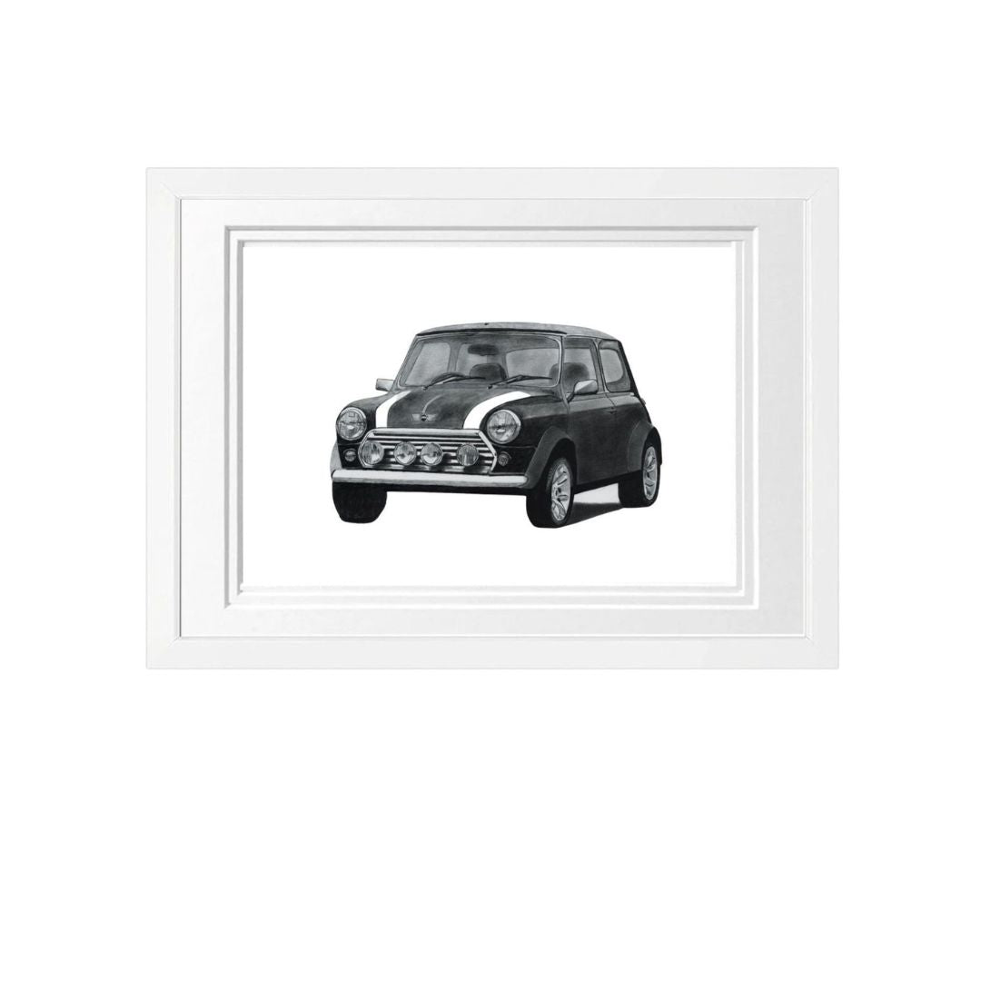 Fine_Arts_Hand_Drawn_Classic_Mini_Car_Drawing_in_white_Frame. Perfect gifts for classic mini car enthusiasts and mini car collectors