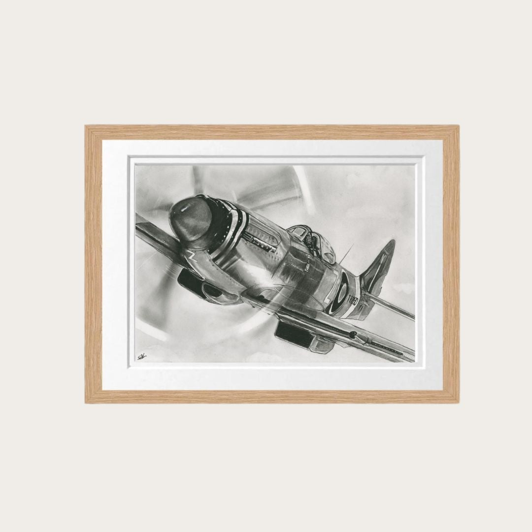 Hand-drawn illustration of a Supermarine Spitfire aircraft soaring through the skies, presented as a fine art print.​