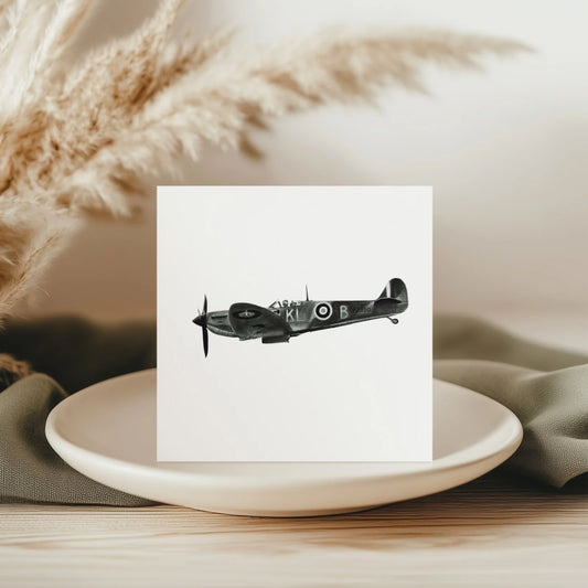 A meticulously hand-drawn greeting card featuring the iconic Spitfire aircraft in flight. This detailed illustration captures the essence of this legendary WWII fighter plane, making it a perfect gift for aviation enthusiasts and history buffs. The card is blank inside, allowing you to personalize your message for any occasion.
