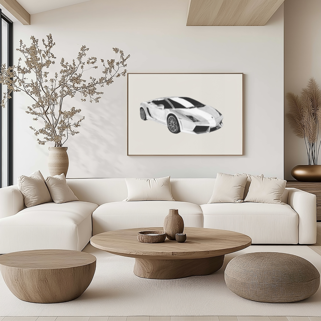 Hand-drawn Lamborghini print in a sleek black frame, showcasing fine detail and precision illustration – perfect for supercar and motorsport enthusiasts