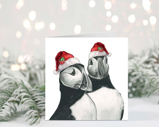 Gemini the puffins wearing festive red hats for a charming Christmas greeting card.