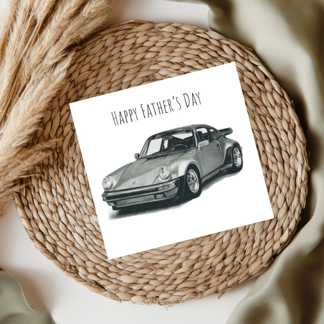 Hand-drawn German sports car Father’s Day card featuring a classic Porsche illustration