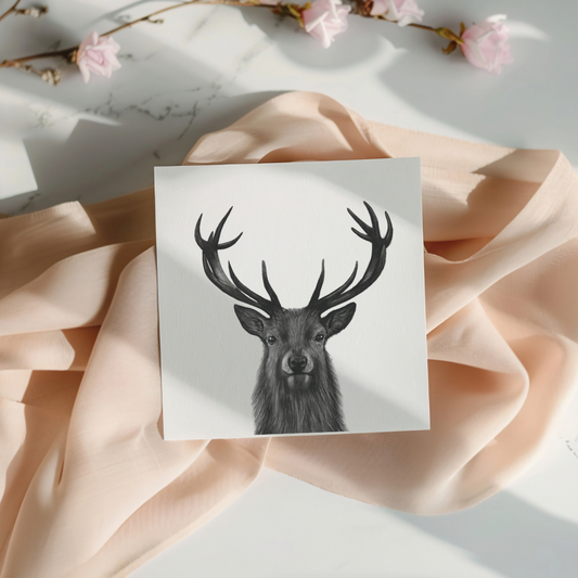 Hand-drawn greeting card featuring Hadar the stag, a majestic countryside wildlife illustration.