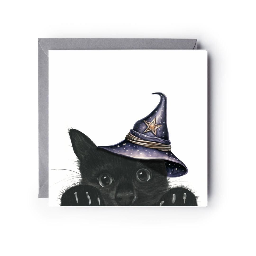 Celebrate Halloween with a charming hand-drawn witches cat greeting card by Libra Fine Arts, designed for a spooky yet fun occasion
