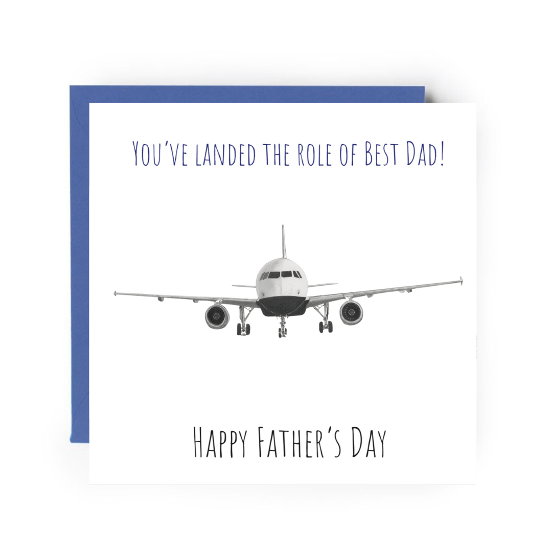 Illustrated A320 airplane card celebrating dads, ideal for aviation fans on Father’s Day.