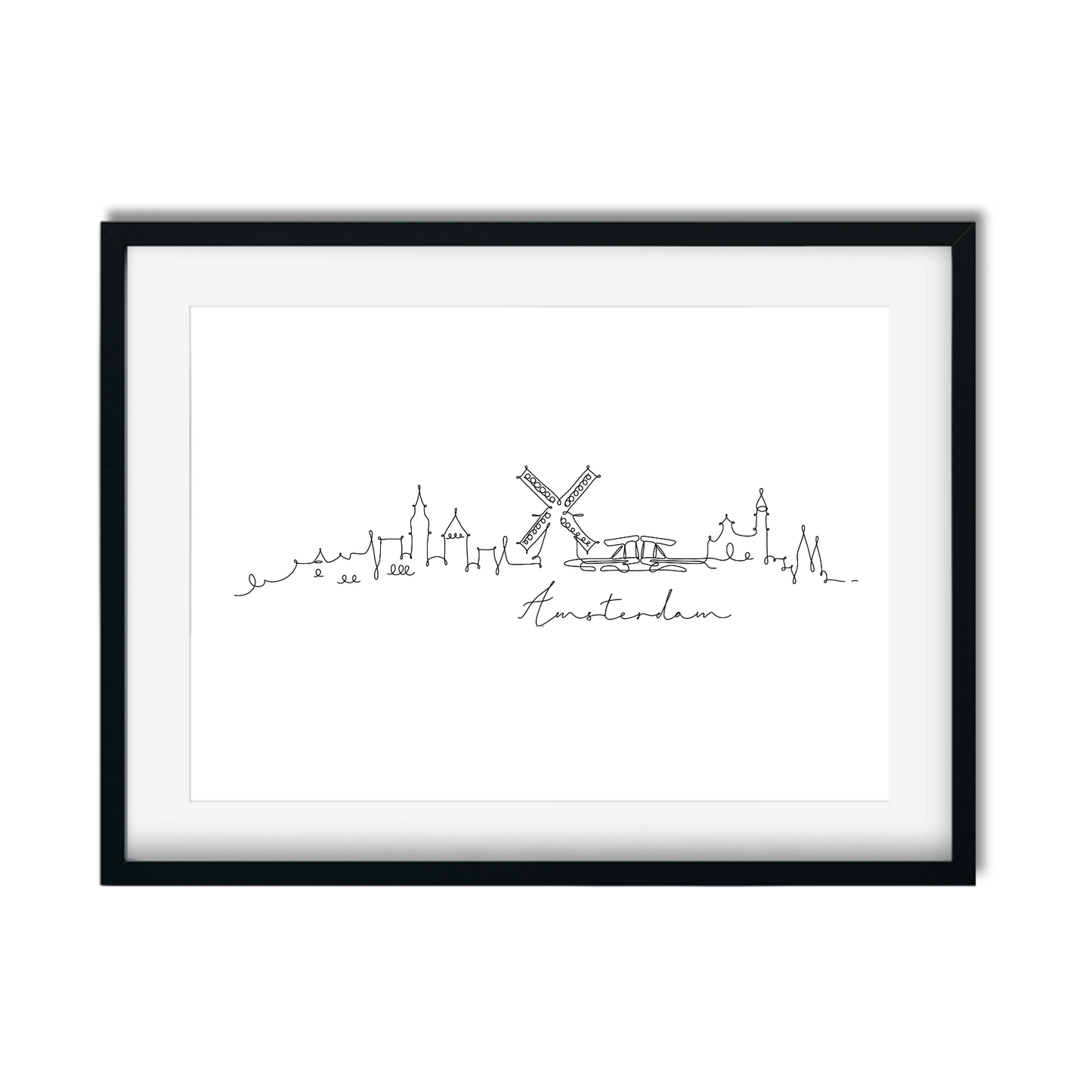 Detailed hand-drawn Amsterdam cityscape print with canals, bridges, and historic architecture