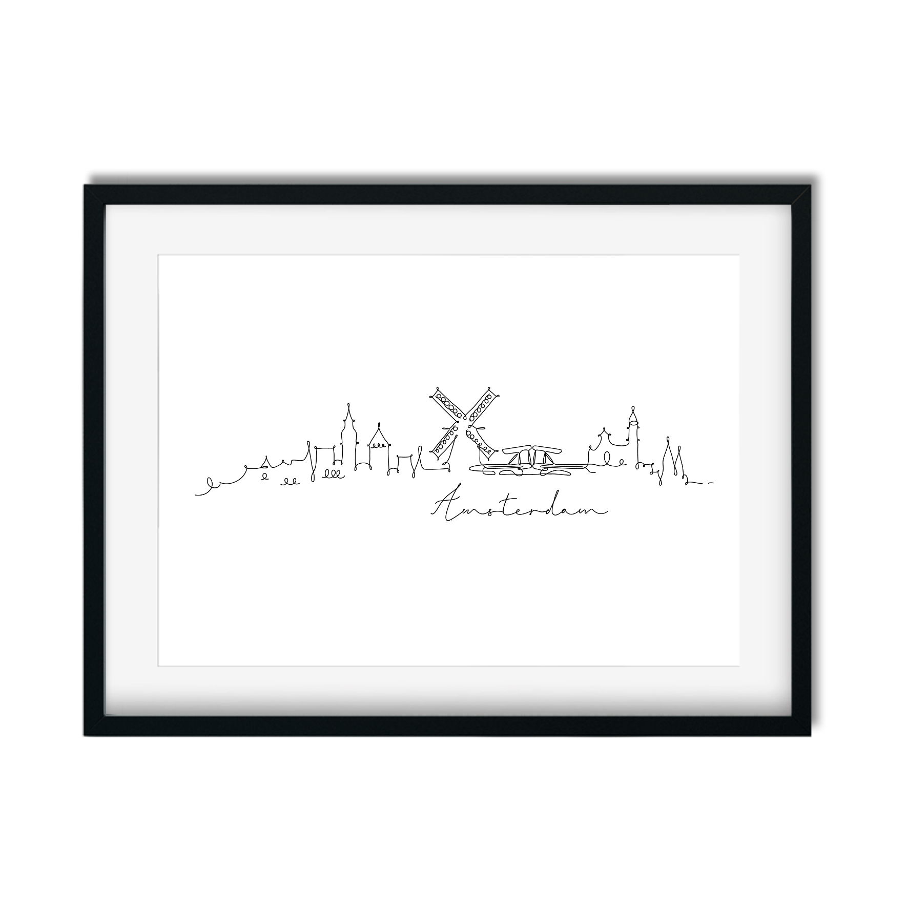 Detailed hand-drawn Amsterdam cityscape print with canals, bridges, and historic architecture