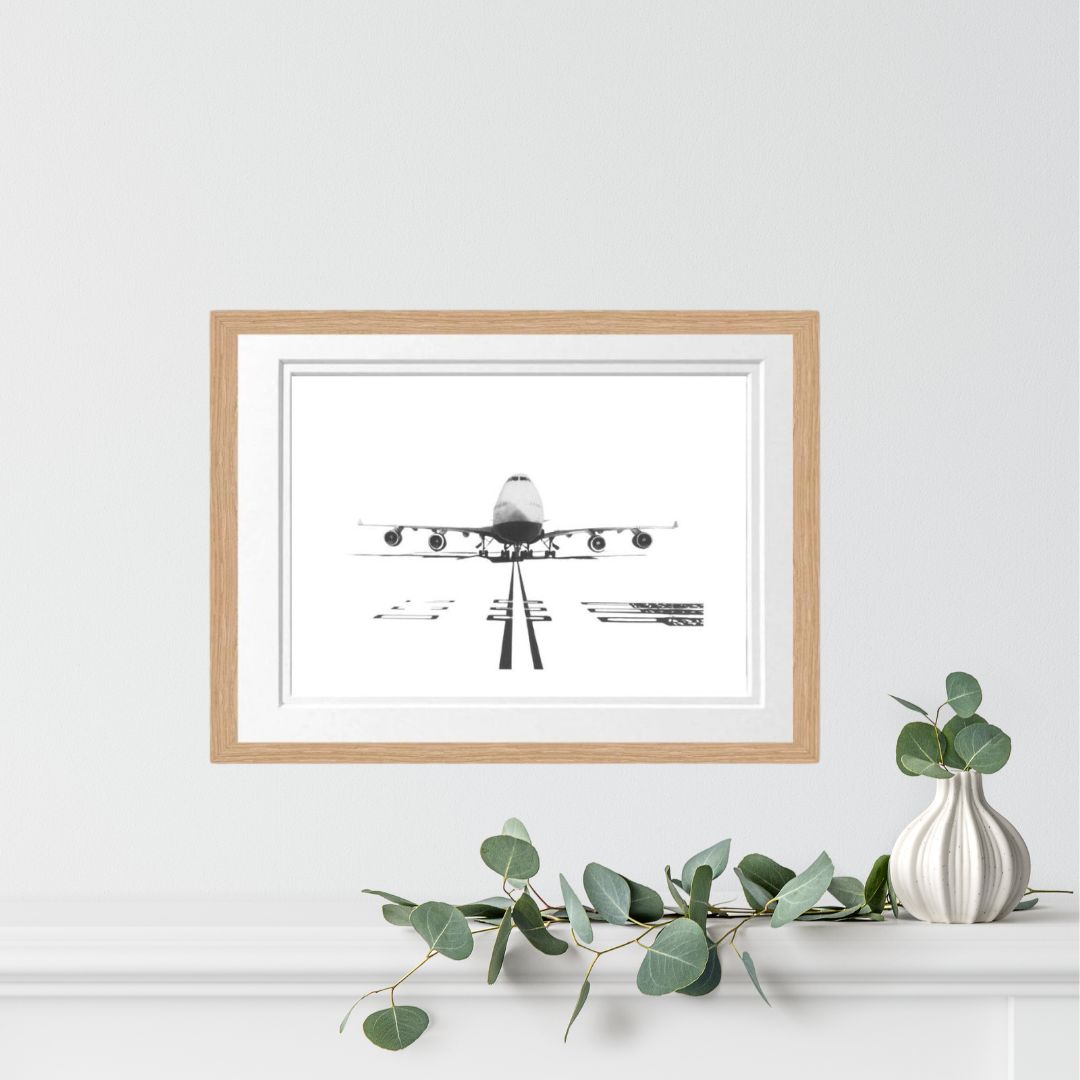A meticulously detailed art print featuring the Boeing 747, making it a thoughtful gift for aviation aficionados and a striking addition to any space.