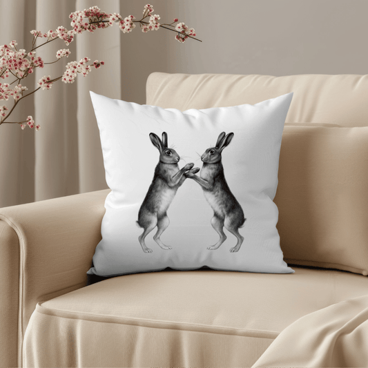 Luxury cushion featuring a hand-drawn boxing hare design, inspired by British wildlife, perfect for countryside and nature-inspired home decor