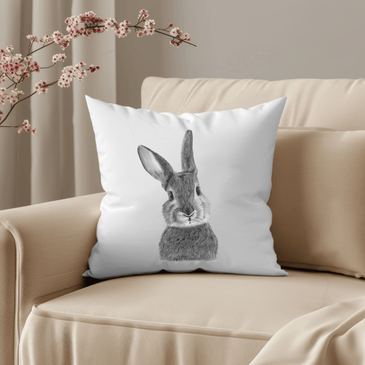 Pillow with a rabbit design on a beige couch with cherry blossoms in the background