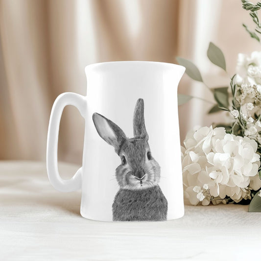 Beautiful fine bone china jug featuring a hand-drawn bunny, perfect for springtime tables or countryside kitchens.