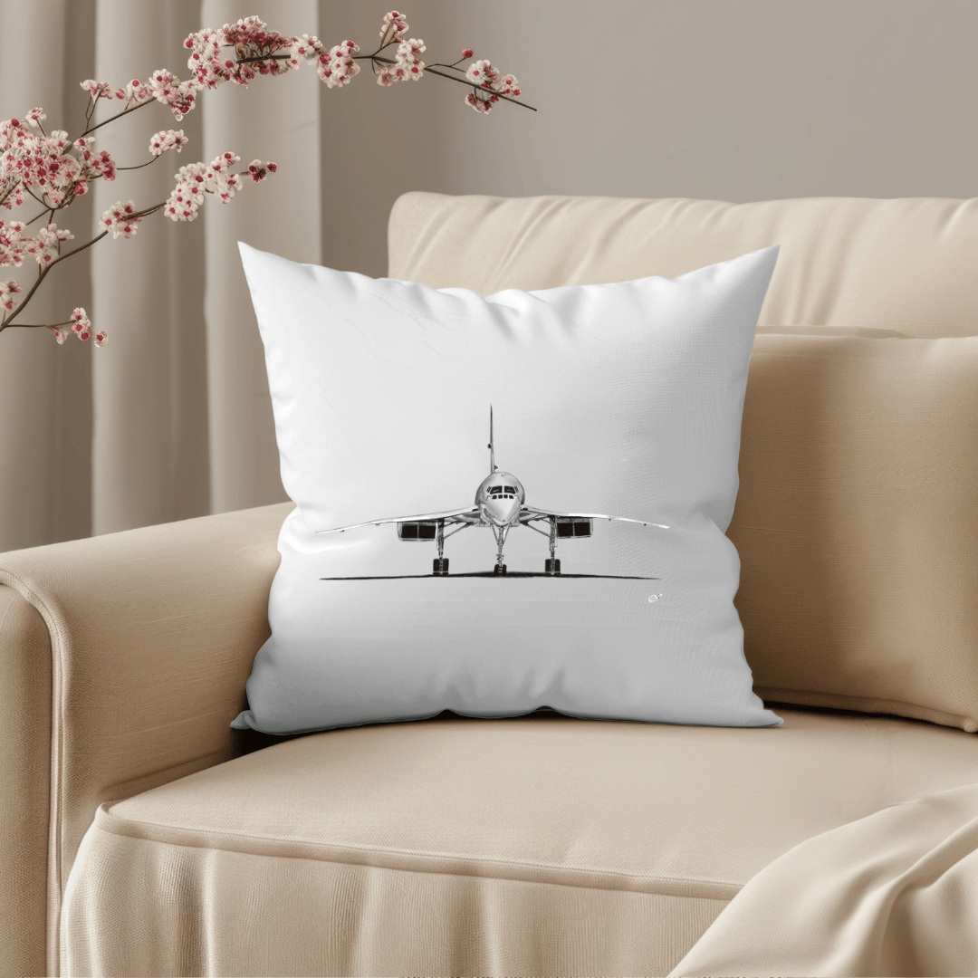 Luxury cushion featuring a detailed hand-drawn Concorde illustration, perfect for aviation enthusiasts and travel-inspired home decor