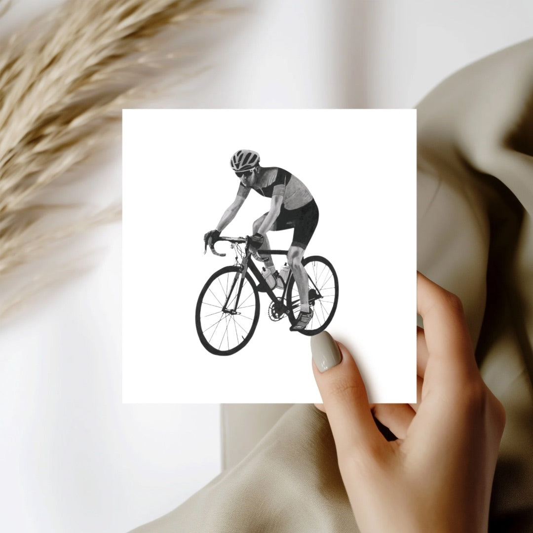 A dynamic hand-illustrated greeting card featuring a cyclist in motion, ideal for celebrating special occasions with sports and cycling fans.

